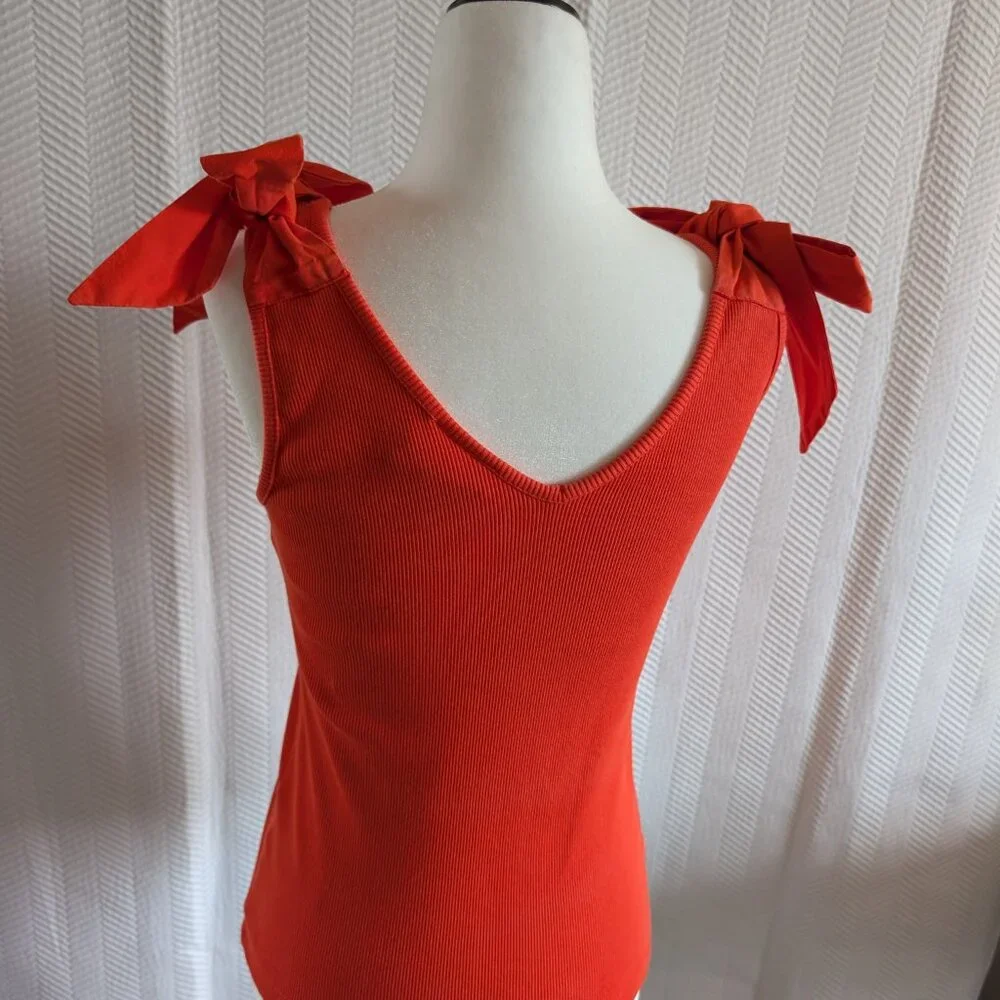 Anthropologie Maeve The Rafaela Ribbed Tank Top Bow Tie Shoulder Orange XS Small - Picture 4 of 11